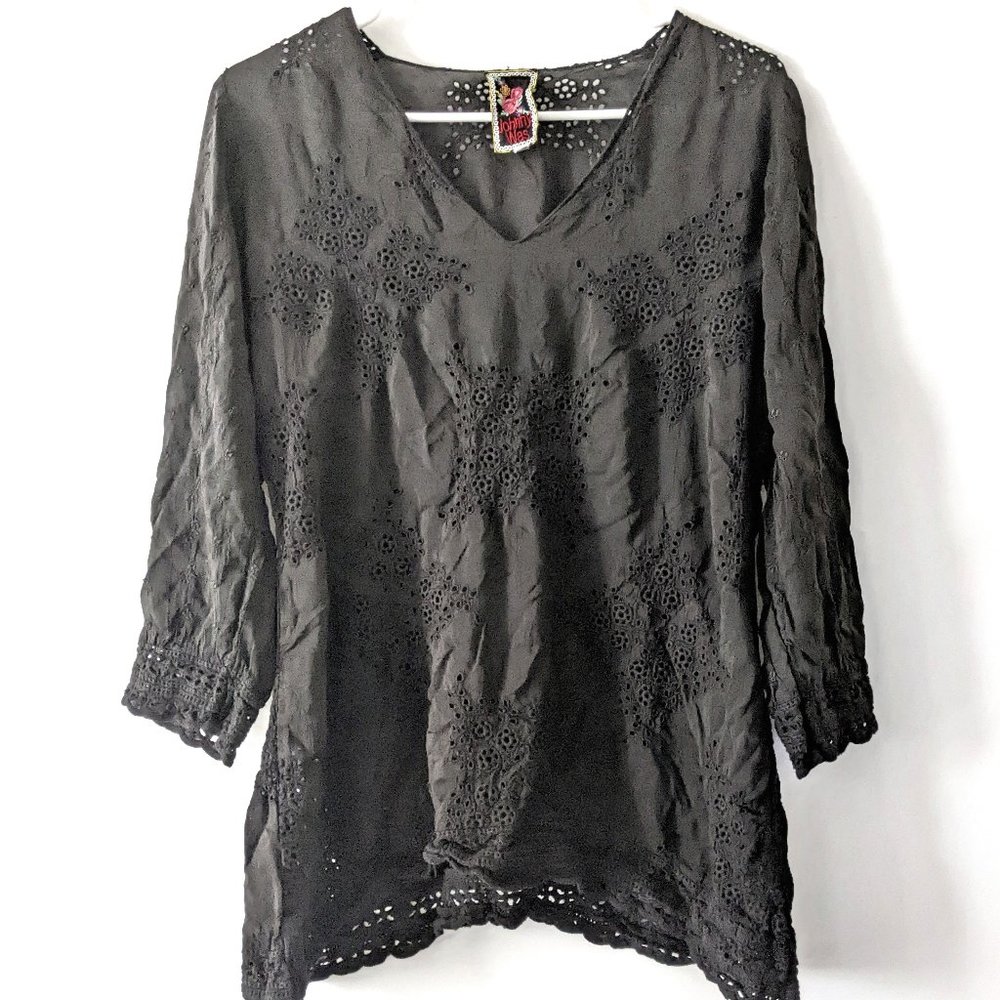Johnny Was Black Embroidered 3/4 Sleeve Top XS